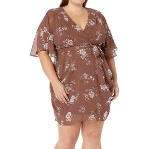 City Chic Dress Women's Size XXL 24 Plus Size Brown Faux-Wrap Fit & Flare Floral